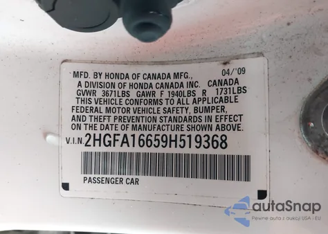 2009 Honda Civic Lx-S z USA, uszkodzony, nr VIN 2HGFA16659H519368